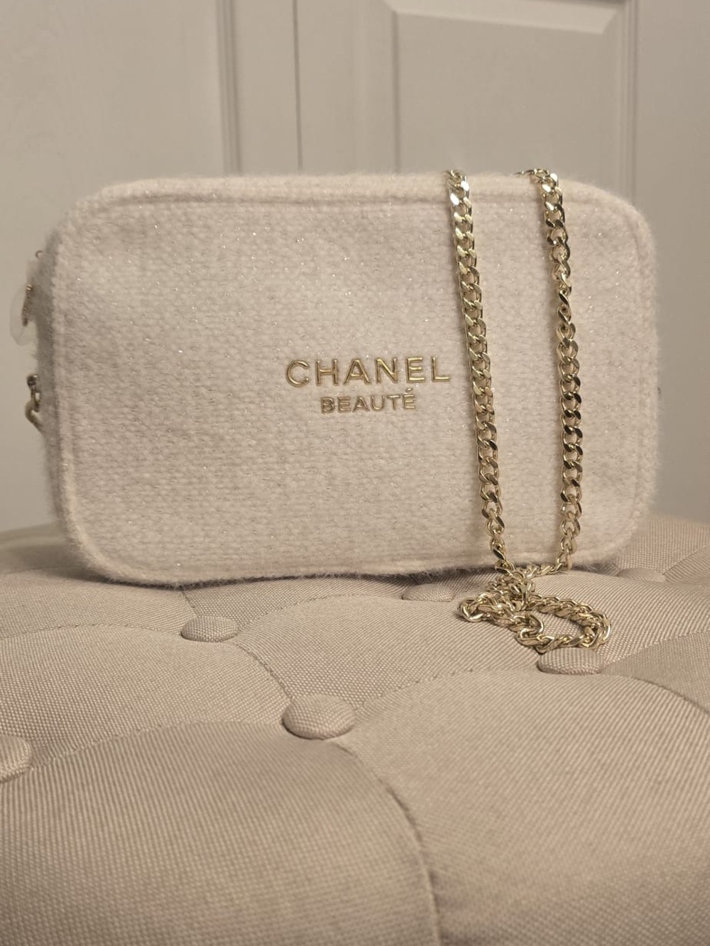 CHANEL White Tweed Cosmetic Pouch with Gold Logo converted to a crossover